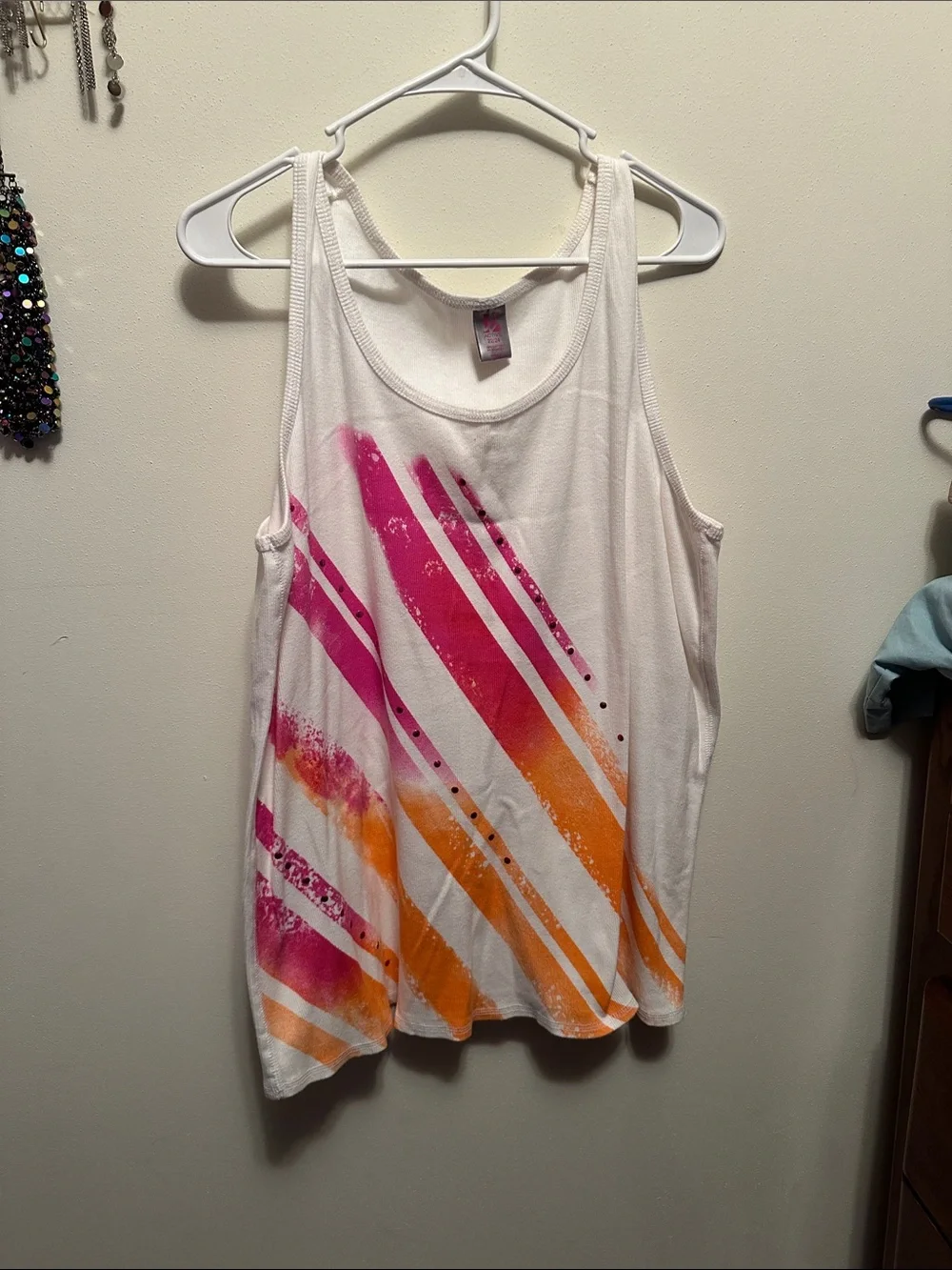 Lane Bryant White Tank with Pink and Orange Diagonal Stripes